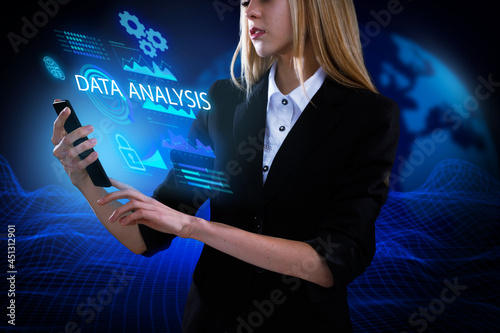 Business, Technology, Internet and network concept. Young businessman working on a virtual screen of the future and sees the inscription: Data analysis