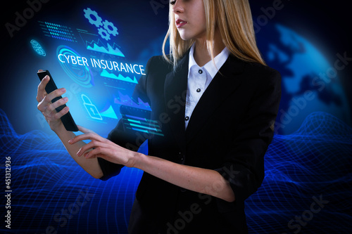 Business, Technology, Internet and network concept. Young businessman working on a virtual screen of the future and sees the inscription: Cyber insurance