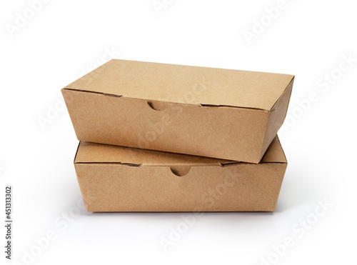 Stack of takeaway cardboard food boxes on white background