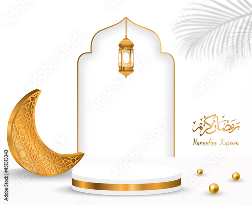 3d ramadan kareem white background Translation of text : Ramadan Kareem with golden lamp tropical leaf and podium,illustration EPS10.