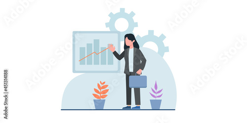 Flat design concept of meeting, business presentation, training, annual report. Vector illustration for website banner, marketing material, business presentation, online advertising.