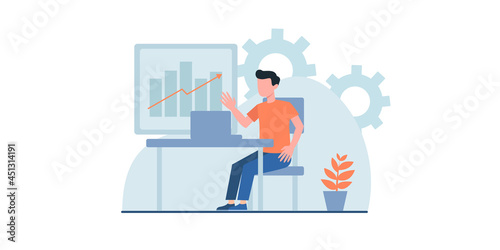 Flat design concept of meeting, business presentation, training, annual report. Vector illustration for website banner, marketing material, business presentation, online advertising.