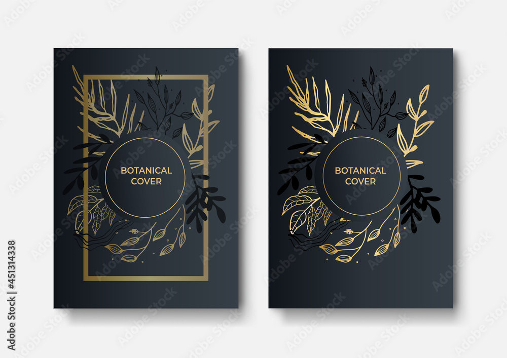 Abstract minimalist poster collection with golden smooth thin floral lines on black background. luxury banner design. A4 size. Ideal for flyer, packaging, invitation, cover, business card. Vector