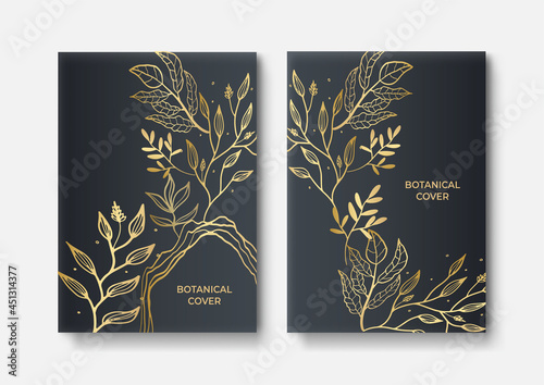 Vector vertical wedding invitation cards set with black and gold tropical leaves on dark background. Luxury exotic botanical design for wedding ceremony. Can be used for cosmetics, spa, beauty salon