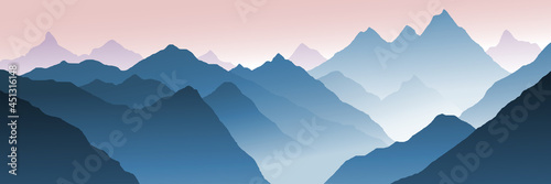 Mountain landscape, morning view, fog in the gorge. Vector illustration, banner.	