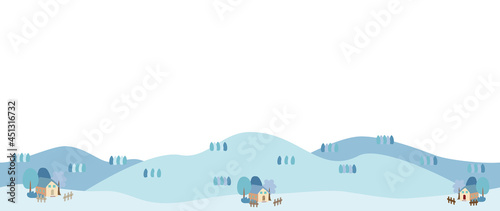 Banner illustration of a hill and a house in a winter landscape.
