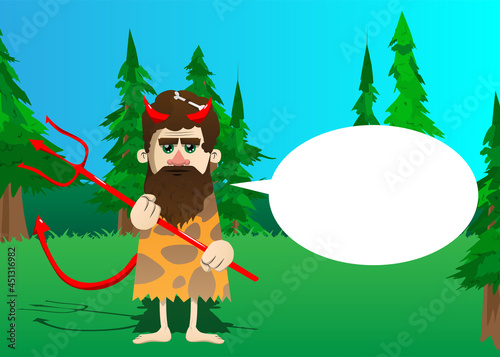 Cartoon prehistoric man devil with pitchfork. Vector illustration of a man from the stone age.