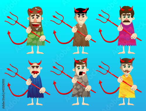 Cartoon prehistoric man devil with pitchfork. Vector illustration of a man from the stone age.