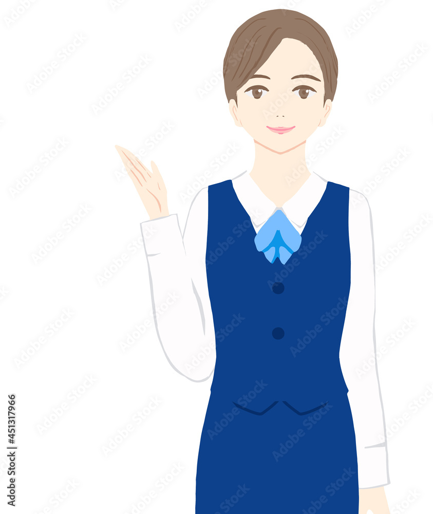 制服を着て笑顔で説明する若い女性のイラスト 制服を着て笑顔で説明する若い女性のイラスト