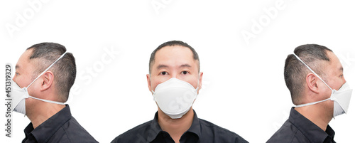man wear n95 protection corona virus mask isolated on whtie in pandemic covid 19 in side and front view