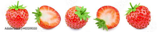 Collection strawberry fruit with green leaf and slice isolated
