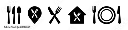 Restaurant icon. Fork, knife, spoon and plate icon set.