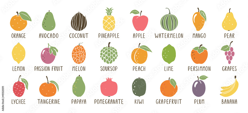 Set of fruit icons isolated on white background. Bright and juicy hand ...