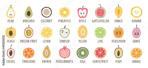 Set of cutaway fruit icons isolated on white background. Bright and juicy hand drawn sticker pack. Big vector flat collection