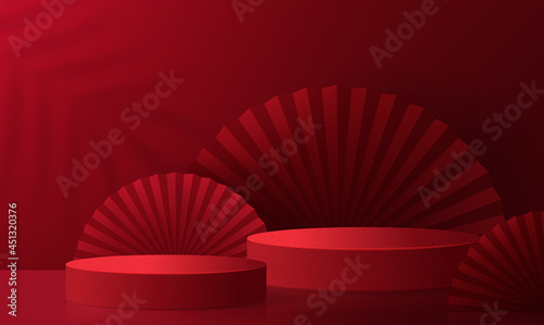 3d Podium round, square box stage podium and paper art Chinese new year,Chinese Festivals, Mid Autumn Festival, red paper cut, fan, flower and asian elements with craft style on background.