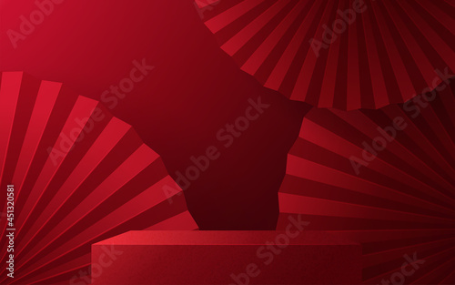 3d Podium round, square box stage podium and paper art Chinese new year,Chinese Festivals, Mid Autumn Festival, red paper cut, fan, flower and asian elements with craft style on background.