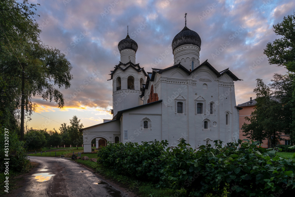 View of the Spaso-Preobrazhensky Monastery on an early cloudy summer morning, Staraya Russa, Novgorod region, Russia. The inscription on the church: 