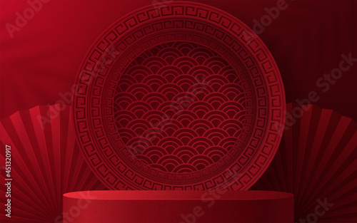 3d Podium round, square box stage podium and paper art Chinese new year,Chinese Festivals, Mid Autumn Festival, red paper cut, fan, flower and asian elements with craft style on background.