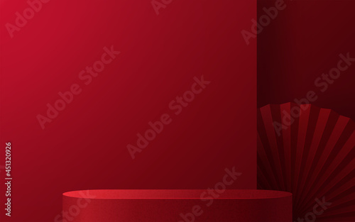3d Podium round, square box stage podium and paper art Chinese new year,Chinese Festivals, Mid Autumn Festival, red paper cut, fan, flower and asian elements with craft style on background.