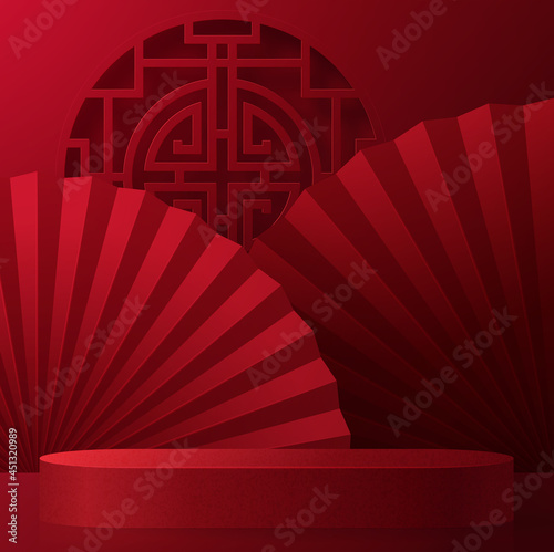 3d Podium round, square box stage podium and paper art Chinese new year,Chinese Festivals, Mid Autumn Festival, red paper cut, fan, flower and asian elements with craft style on background.