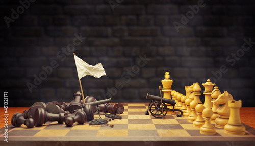 Dark chess raises a white flag in surrender to bright chess on a chessboard and smoke floating in the air and dark brick background. The concept of business loss and bankruptcy. 3D illustration..