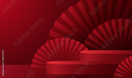 3d Podium round, square box stage podium and paper art Chinese new year,Chinese Festivals, Mid Autumn Festival, red paper cut, fan, flower and asian elements with craft style on background.