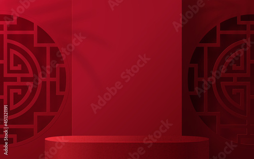 3d Podium round, square box stage podium and paper art Chinese new year,Chinese Festivals, Mid Autumn Festival, red paper cut, fan, flower and asian elements with craft style on background.