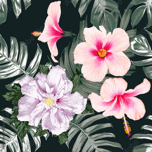 Seamless pattern floral with pink pastel Hibiscus flowers abatract background.Vector illustration hand drawn.For fabric fashion print design or product packaging. photo