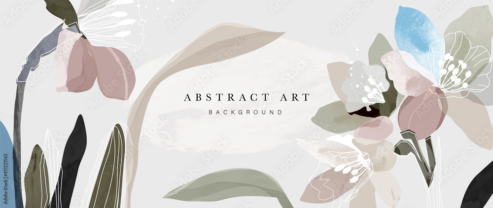 Obraz Flower watercolor art background vector. Wallpaper design with floral paint brush line art. leaves and flowers nature design for cover, wall art, invitation, fabric, poster, canvas print.