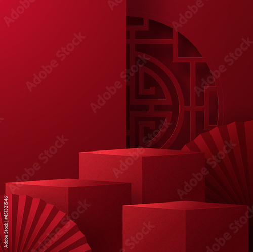 3d Podium round, square box stage podium and paper art Chinese new year,Chinese Festivals, Mid Autumn Festival, red paper cut, fan, flower and asian elements with craft style on background.