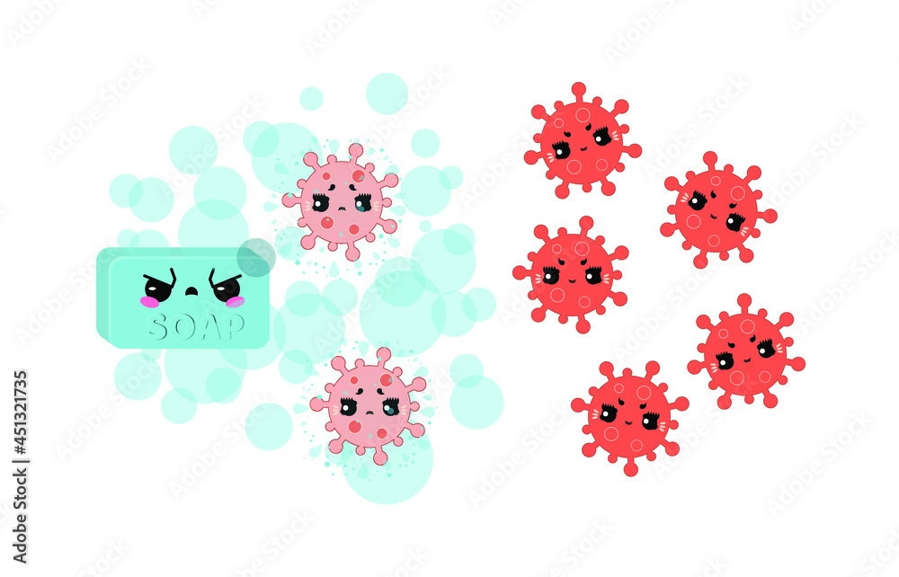 Soap against germs and bacteria, kawaii style illustration. The soap frowns severely and protects against viruses with soap bubbles. Concept: the importance of hygiene and cleanliness. Vector flat