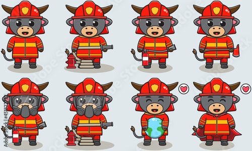 Vector illustration of Buffalo firefighters set. Fire fighter profession with flat design style. Good for icon, label, sticker, clipart.