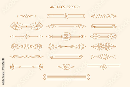 Art Deco Borders Set in Trendy Minimal Liner Style. Vector Elements, Dividers in 1920s Style