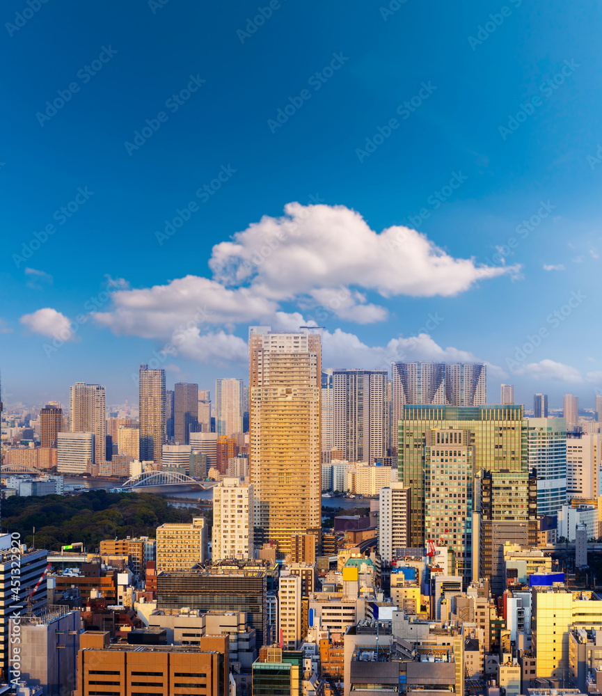 Cityscape of Tokyo city, view of aerial skyscraper, office building and downtown and street of tokyo with blue sky background. Japan, Asia