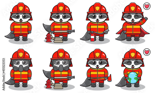 Vector illustration of Raccoon firefighters set. Fire fighter profession with flat design style. Good for icon, label, sticker, clipart.