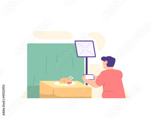 concept of a content creator, videographer, photographer. illustration of a male freelancer using a smartphone to take a picture of a meal or roast chicken. flat cartoon style. vector design
