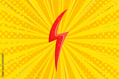 Superhero halftoned background with red lightning. Comic design with flash. Vector illustration backdrop