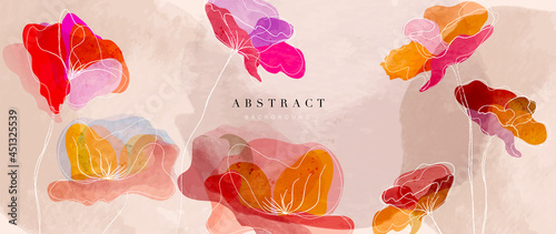 Flower watercolor art background vector. Wallpaper design with floral paint brush line art. leaves and flowers nature design for cover, wall art, invitation, fabric, poster, canvas print.