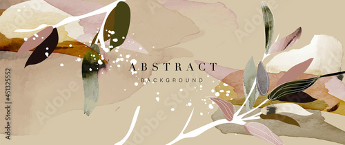 Flower watercolor art background vector. Wallpaper design with floral paint brush line art. leaves and flowers nature design for cover, wall art, invitation, fabric, poster, canvas print.