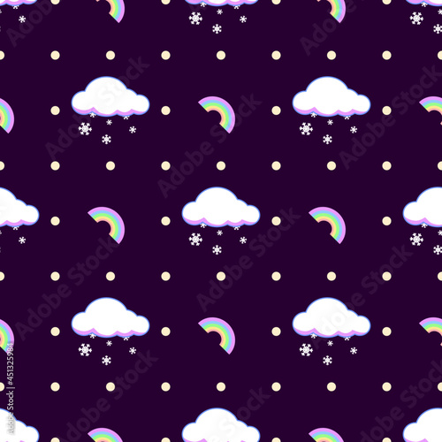 Seamless pattern star , cloud , rainbow , rain , thunder ,sun , moon, snow on  purple background. 