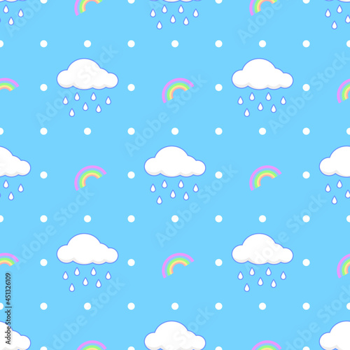Seamless pattern star , cloud , rainbow , rain on blue background.