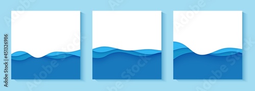 Set of flyers with blue waves in paper cut style. Collection of three papercut art empty banners for environment or World Water day. Vector advertising poster template for Save the Oceans day 8 june.