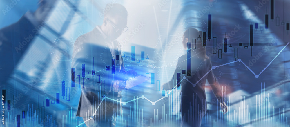 Trading candlestick chart and diagrams on blurred office center background people Trading candlestick chart and diagrams on blurred office center background people