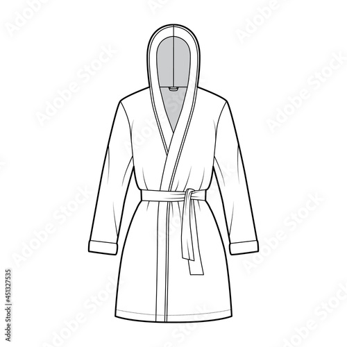 Hooded Bathrobe Dressing gown technical fashion illustration with wrap opening, mini length, oversized, tie, long sleeves. Flat garment front, white color style. Women, men, unisex CAD mockup