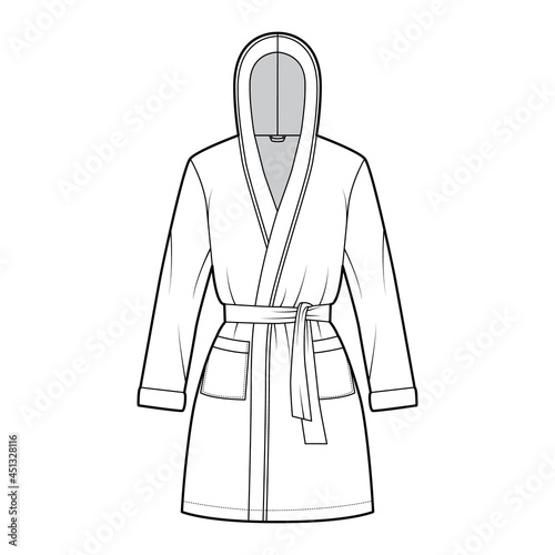 Hooded Bathrobe Dressing gown technical fashion illustration with wrap opening, mini length, oversized, tie, pocket, long sleeves. Flat garment front, white color style. Women, men, unisex CAD mockup