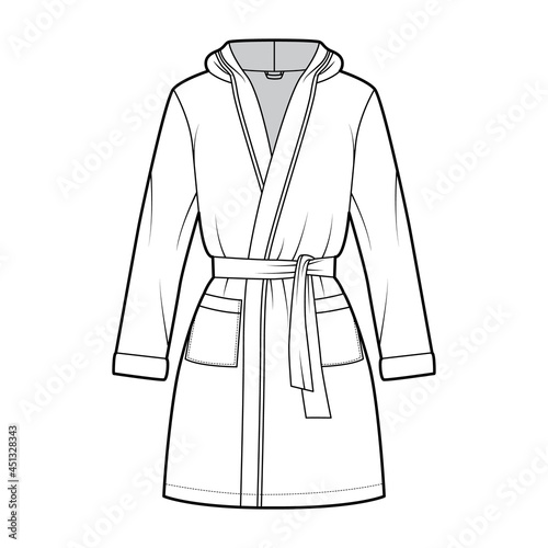 Hooded Bathrobe Dressing gown technical fashion illustration with wrap opening, mini length, oversized, tie, pocket, long sleeves. Flat garment front, white color style. Women, men, unisex CAD mockup