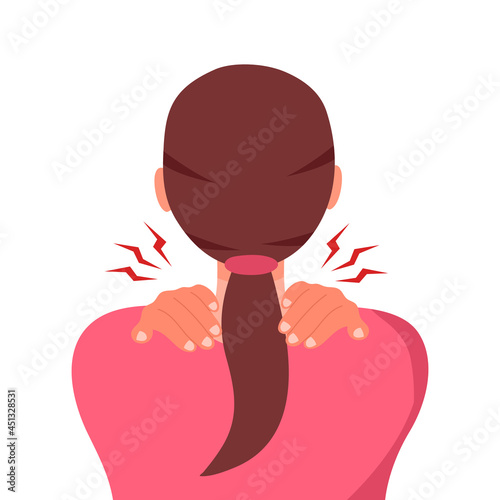 Woman having neck ache symptom in flat design on white background. Neck and shoulders pain. Muscle problem.