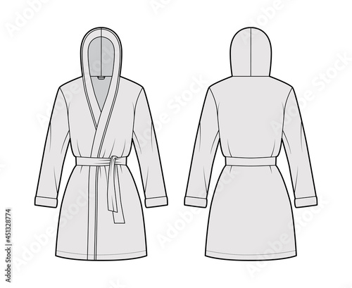 Hooded Bathrobe Dressing gown technical fashion illustration with wrap opening, mini length, oversized, tie, long sleeves. Flat garment front, back, grey color style. Women, men, unisex CAD mockup