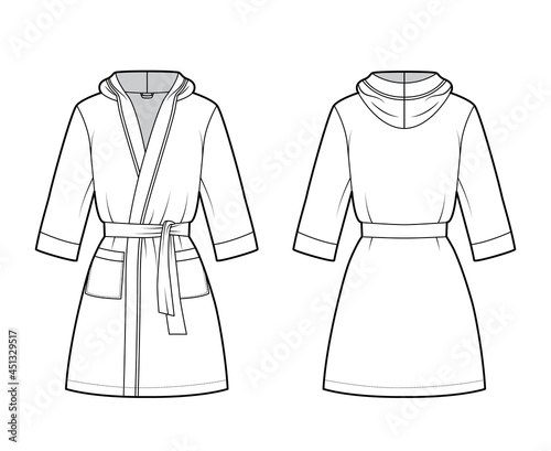 Bathrobe hooded Dressing gown technical fashion illustration with wrap opening, mini length, oversized, tie, pocket, elbow sleeves. Flat front, back white color style. Women men unisex CAD mockup