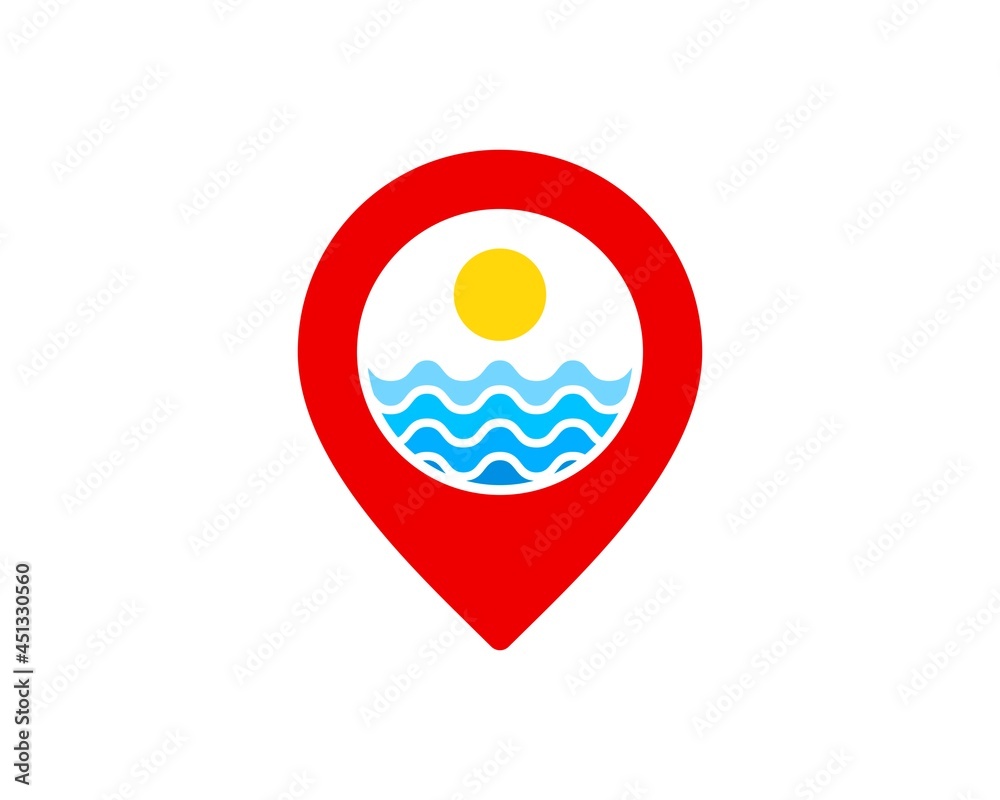 Red pin location with abstract beach wave and sunset Red pin location with abstract beach wave and sunset